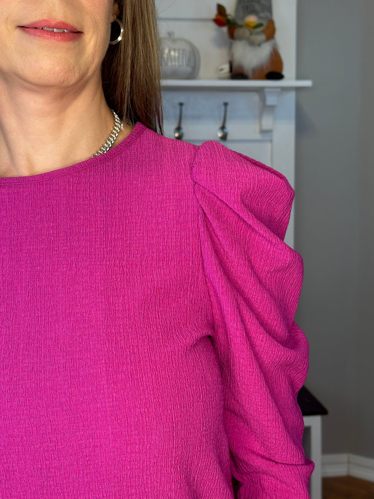 Magenta Solid Color Wrinkle Puff Long Sleeve Blouse