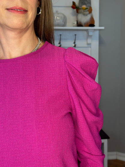 Magenta Solid Color Wrinkle Puff Long Sleeve Blouse