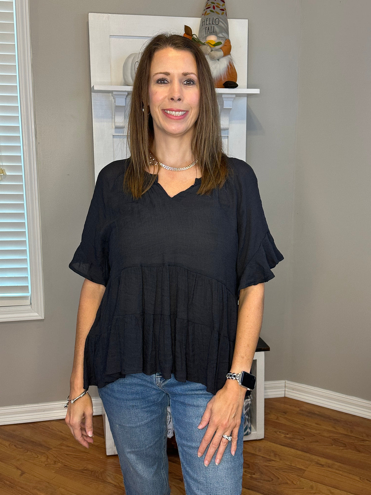 Mandarin Collar Split Neck Bell Ruffle Sleeve Tiered Top