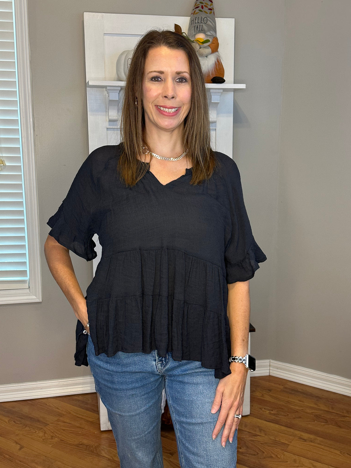 Mandarin Collar Split Neck Bell Ruffle Sleeve Tiered Top