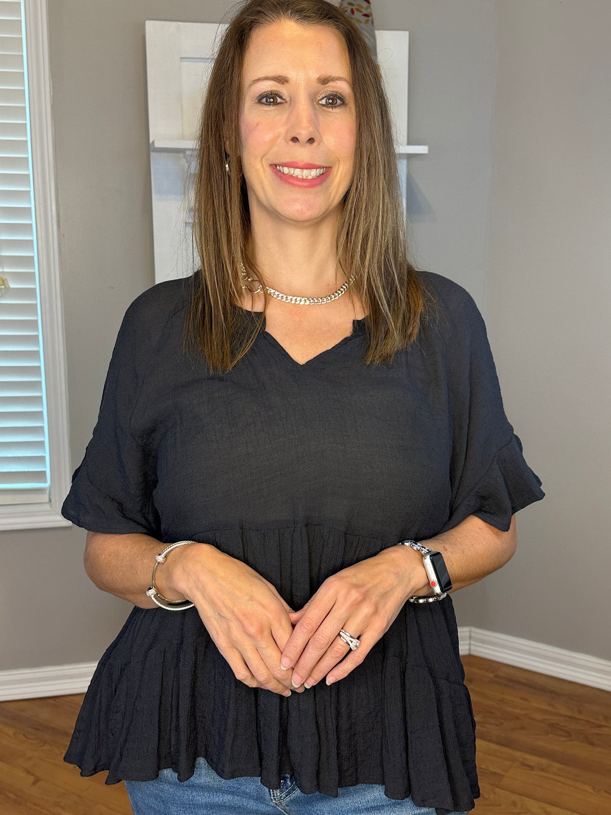 Mandarin Collar Split Neck Bell Ruffle Sleeve Tiered Top