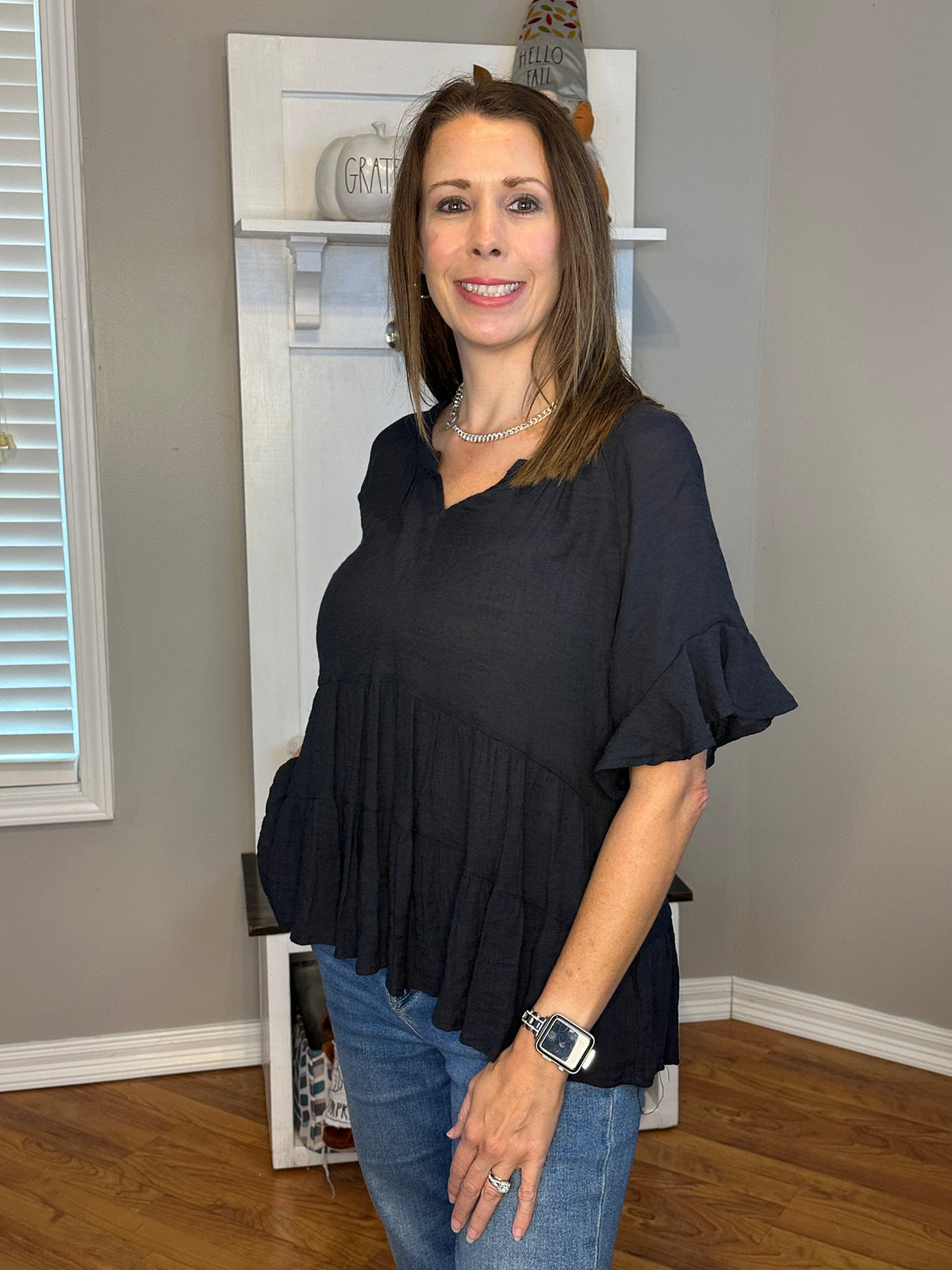 Mandarin Collar Split Neck Bell Ruffle Sleeve Tiered Top