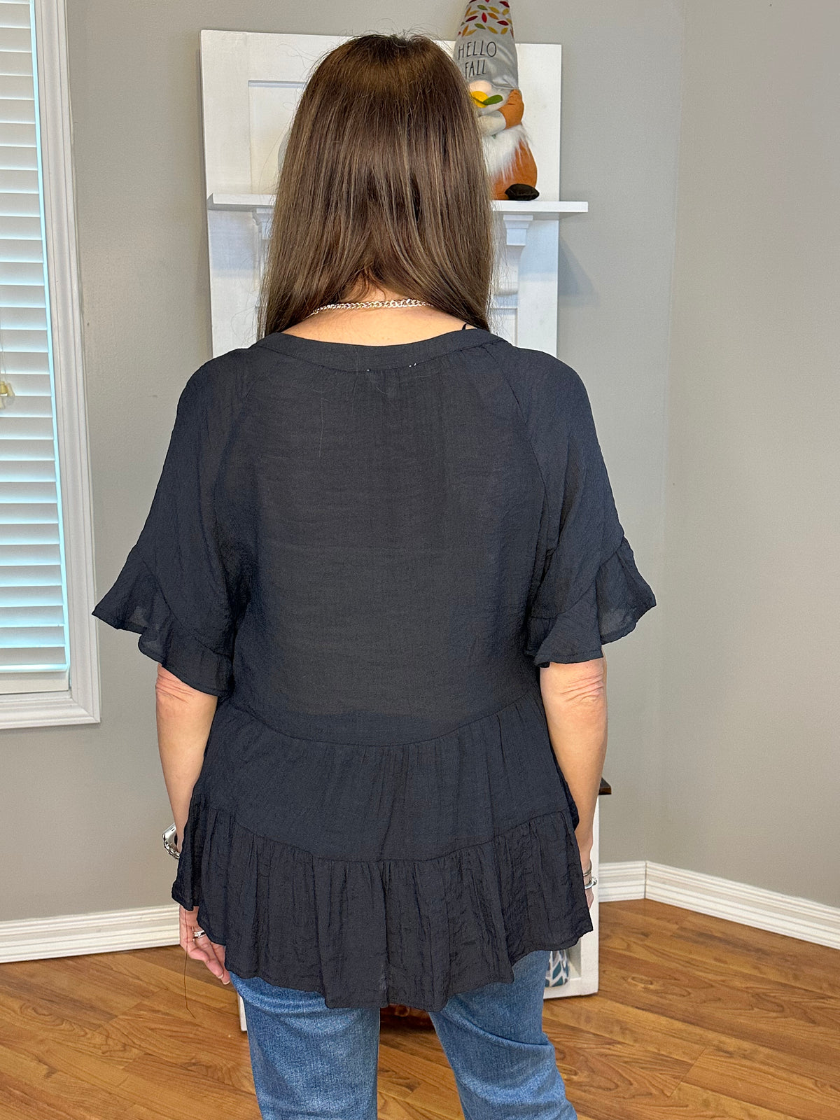 Mandarin Collar Split Neck Bell Ruffle Sleeve Tiered Top