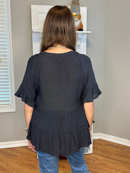 Mandarin Collar Split Neck Bell Ruffle Sleeve Tiered Top