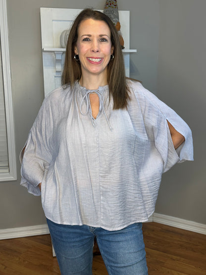 Sheer Textured Detail Flowy Cape Tie Front Top with Slit Sleeves