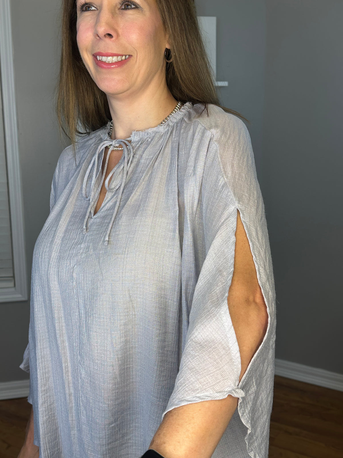 Sheer Textured Detail Flowy Cape Tie Front Top with Slit Sleeves