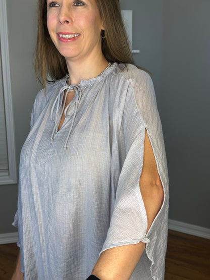 Sheer Textured Detail Flowy Cape Tie Front Top with Slit Sleeves