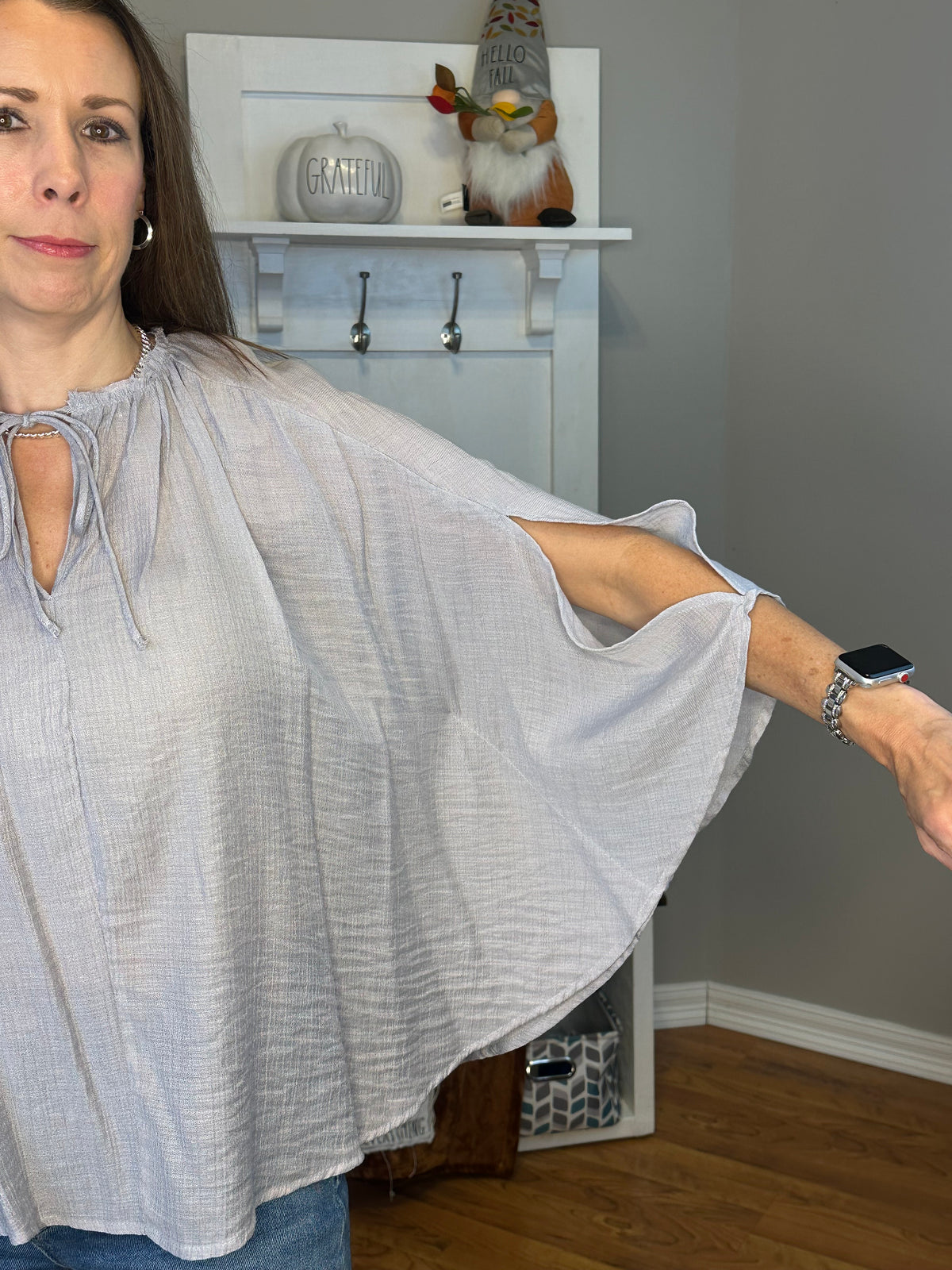 Sheer Textured Detail Flowy Cape Tie Front Top with Slit Sleeves