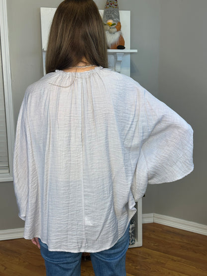Sheer Textured Detail Flowy Cape Tie Front Top with Slit Sleeves