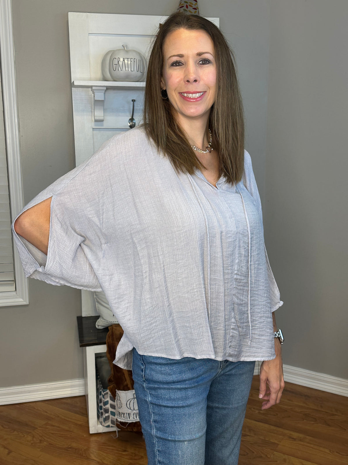 Sheer Textured Detail Flowy Cape Tie Front Top with Slit Sleeves