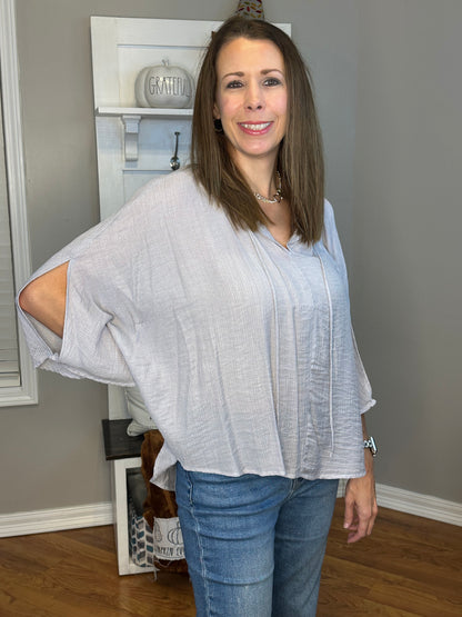 Sheer Textured Detail Flowy Cape Tie Front Top with Slit Sleeves