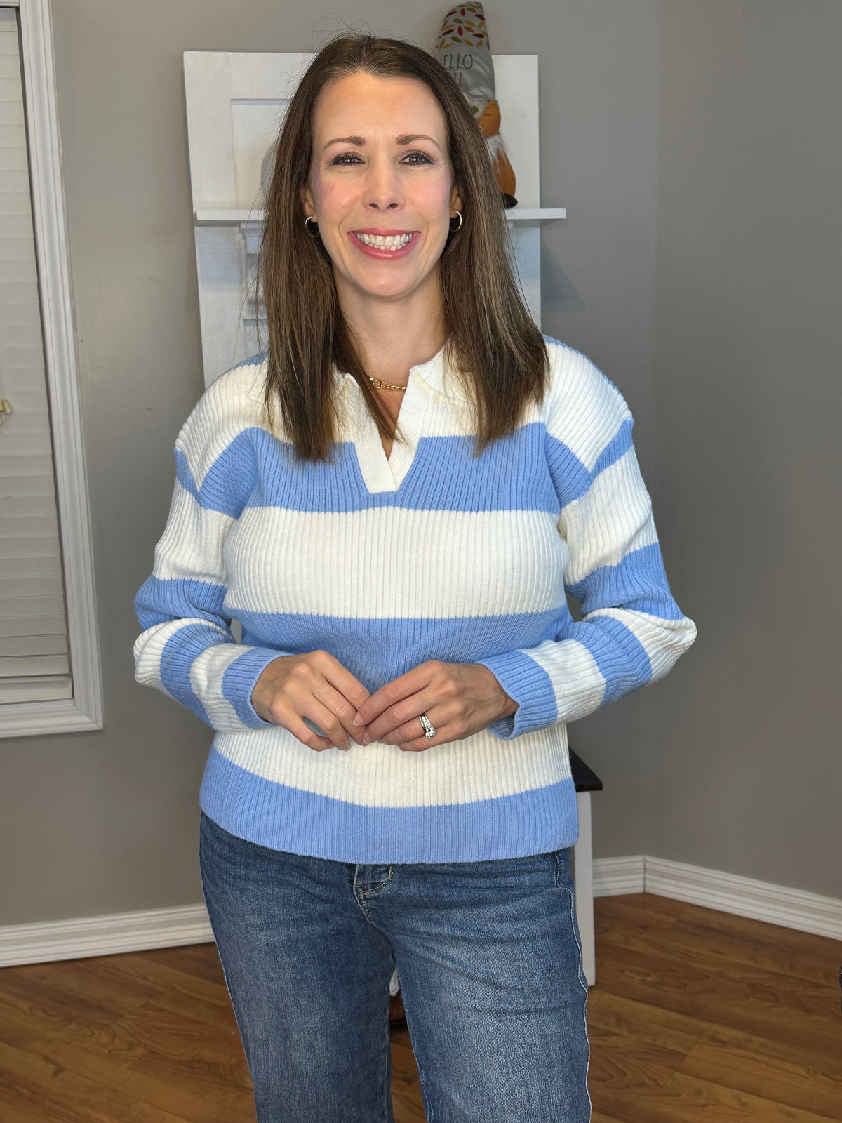 Zenana Striped Collared Sweater