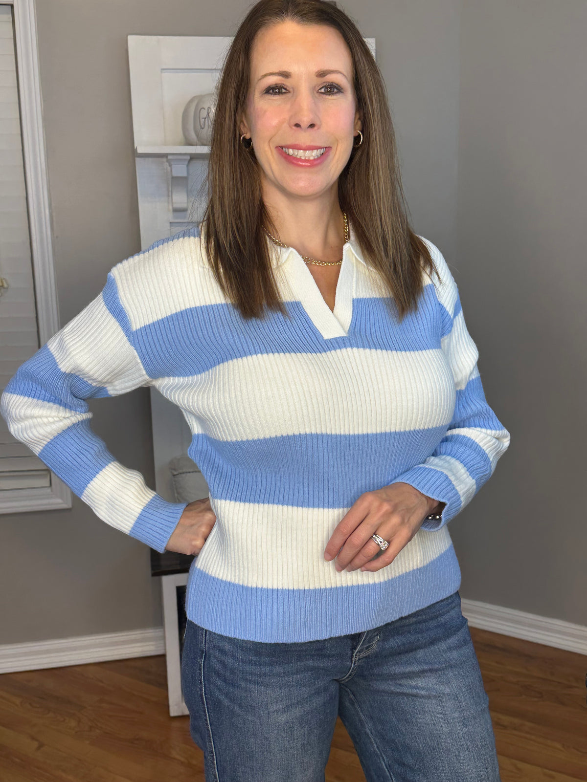 Zenana Striped Collared Sweater