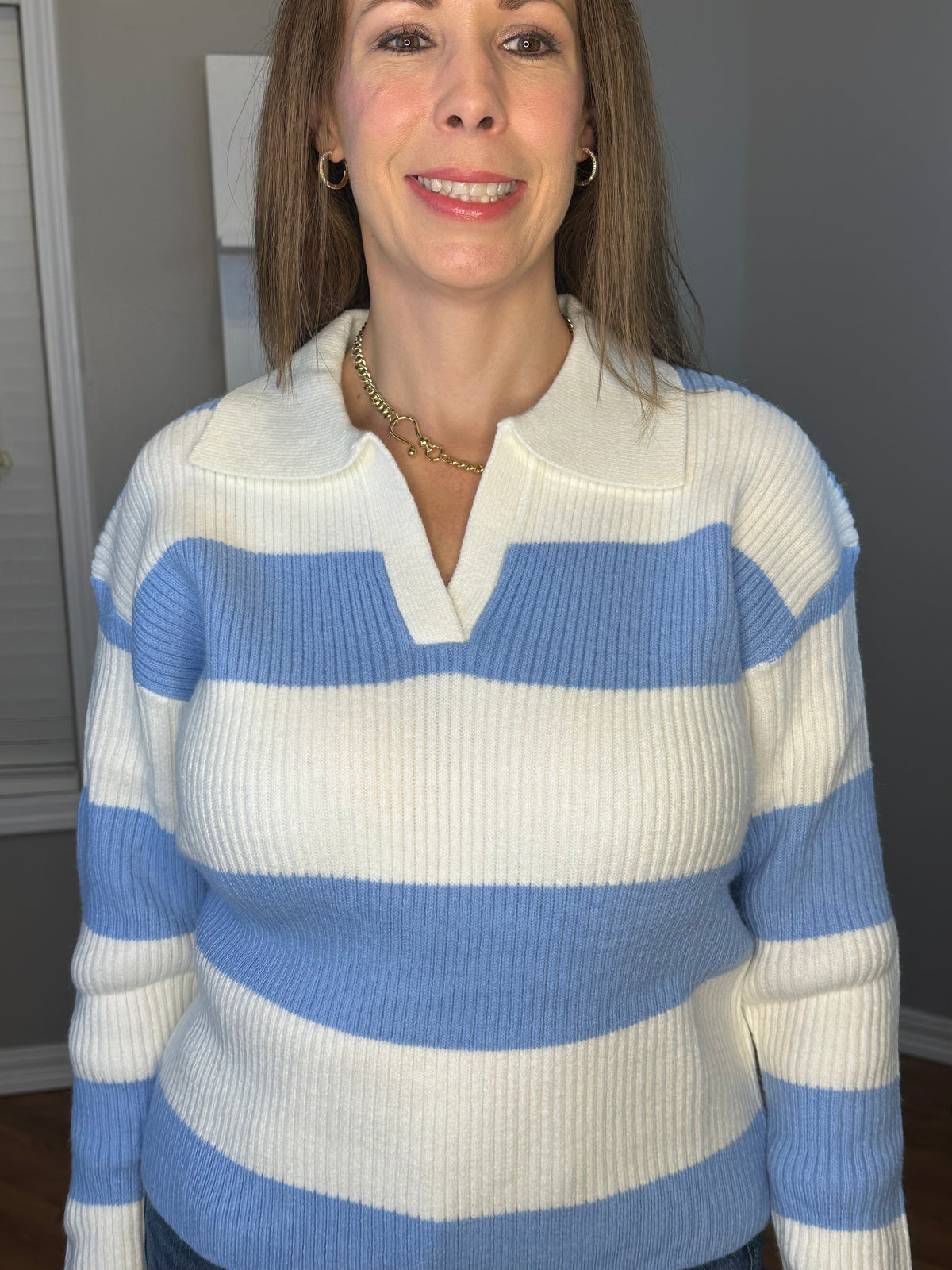 Zenana Striped Collared Sweater