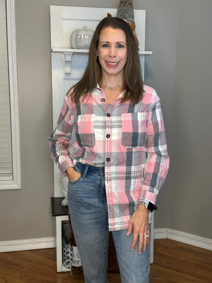 Pink Plaid Button Up Patch Pocket Shirt
