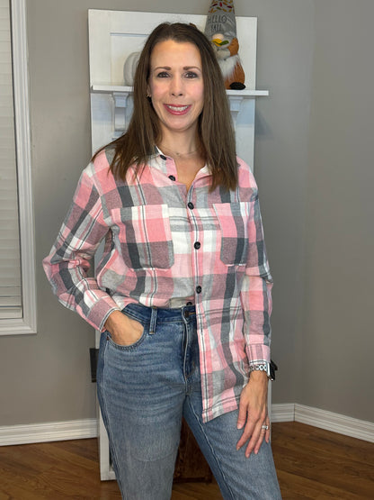 Pink Plaid Button Up Patch Pocket Shirt