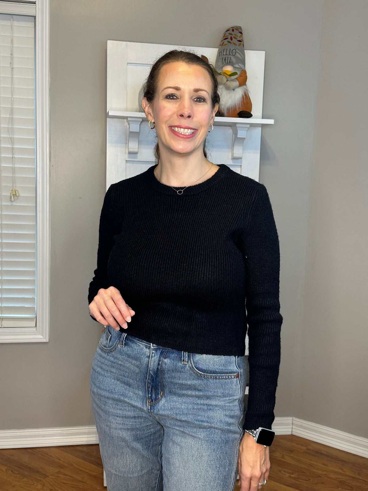 Long Sleeve Crew Neck Sweater Top - Black