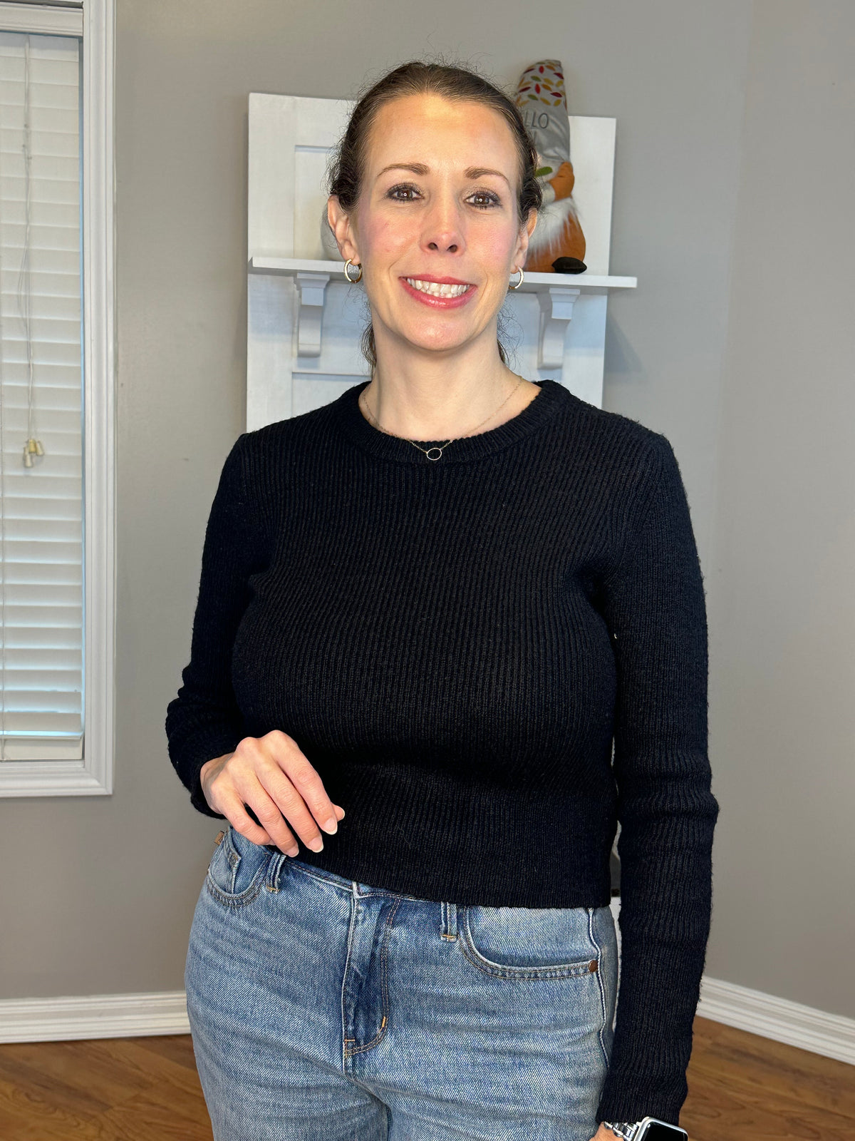 Long Sleeve Crew Neck Sweater Top - Black