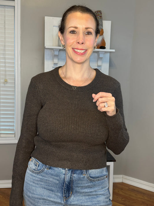 Long Sleeve Crew Neck Sweater Top - Brown