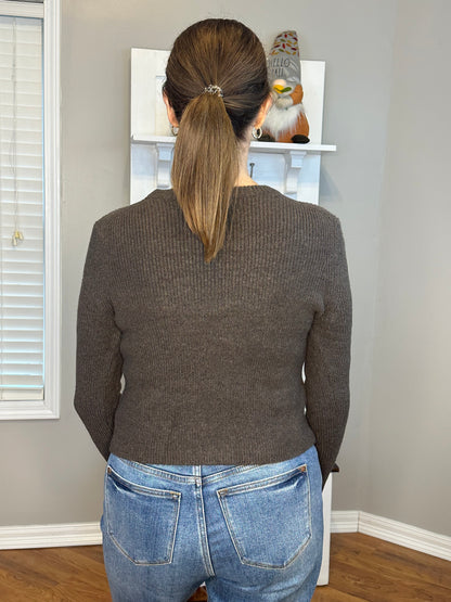 Long Sleeve Crew Neck Sweater Top - Brown