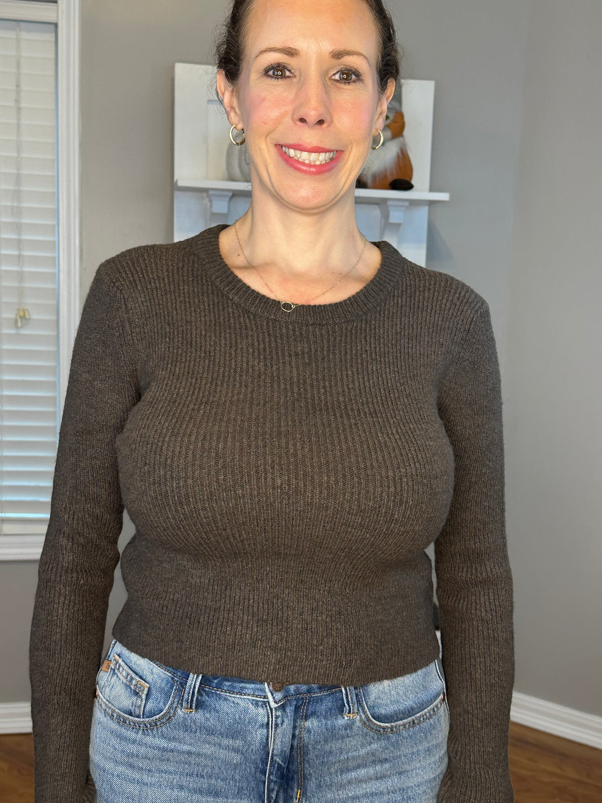 Long Sleeve Crew Neck Sweater Top - Brown