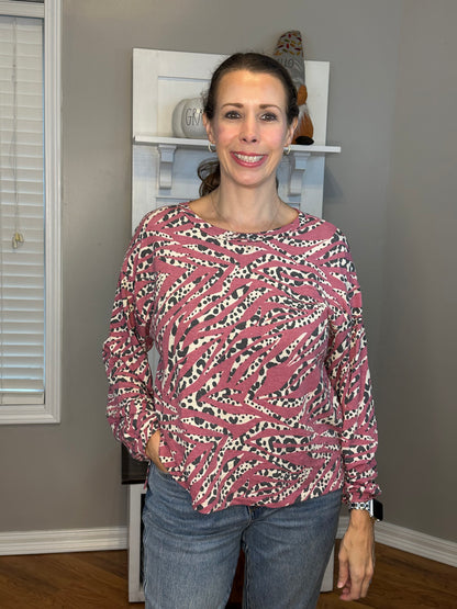 Dk Rose French Terry Animal Print Round Neck Long Sleeve Top