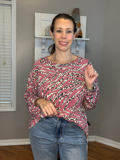 Dk Rose French Terry Animal Print Round Neck Long Sleeve Top