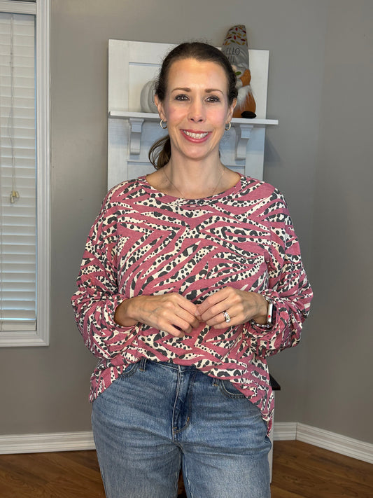 Dk Rose French Terry Animal Print Round Neck Long Sleeve Top