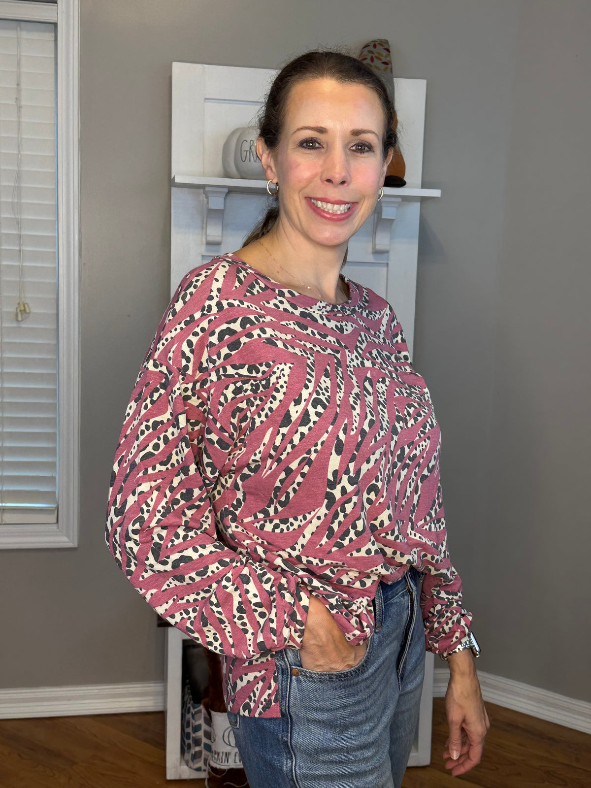 Dk Rose French Terry Animal Print Round Neck Long Sleeve Top