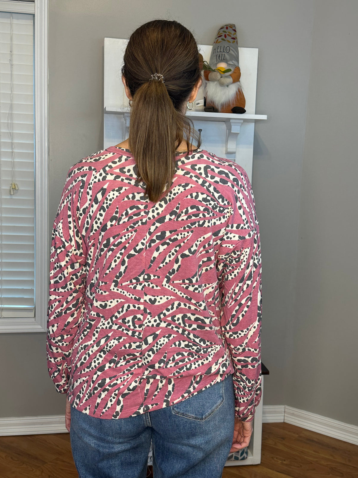 Dk Rose French Terry Animal Print Round Neck Long Sleeve Top