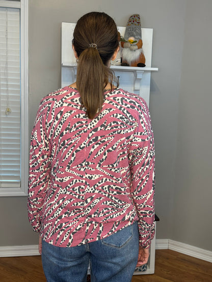 Dk Rose French Terry Animal Print Round Neck Long Sleeve Top