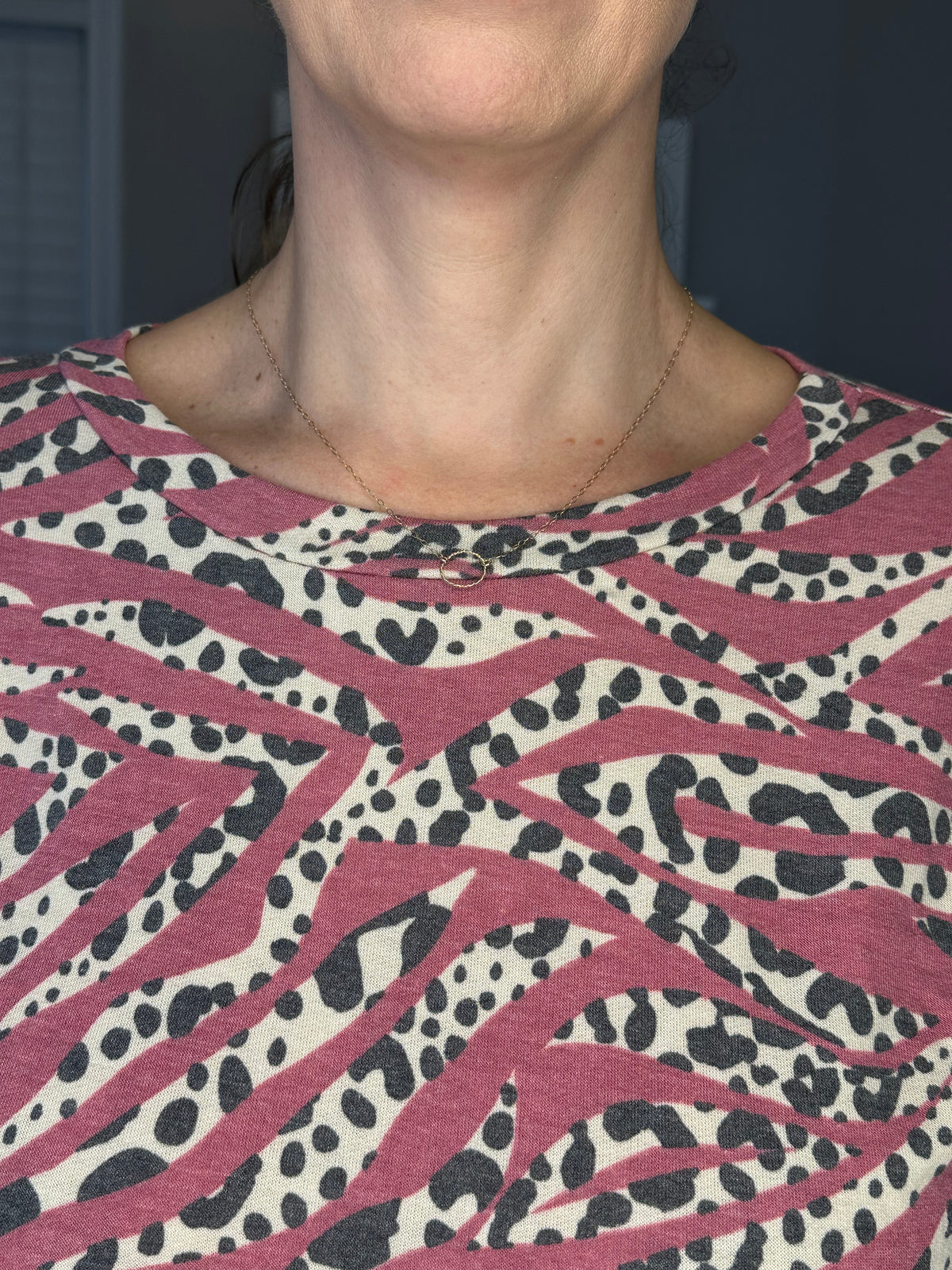 Dk Rose French Terry Animal Print Round Neck Long Sleeve Top