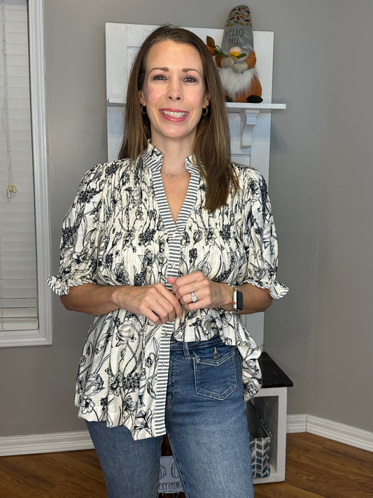 Umgee Mixed Print Button Front Top
