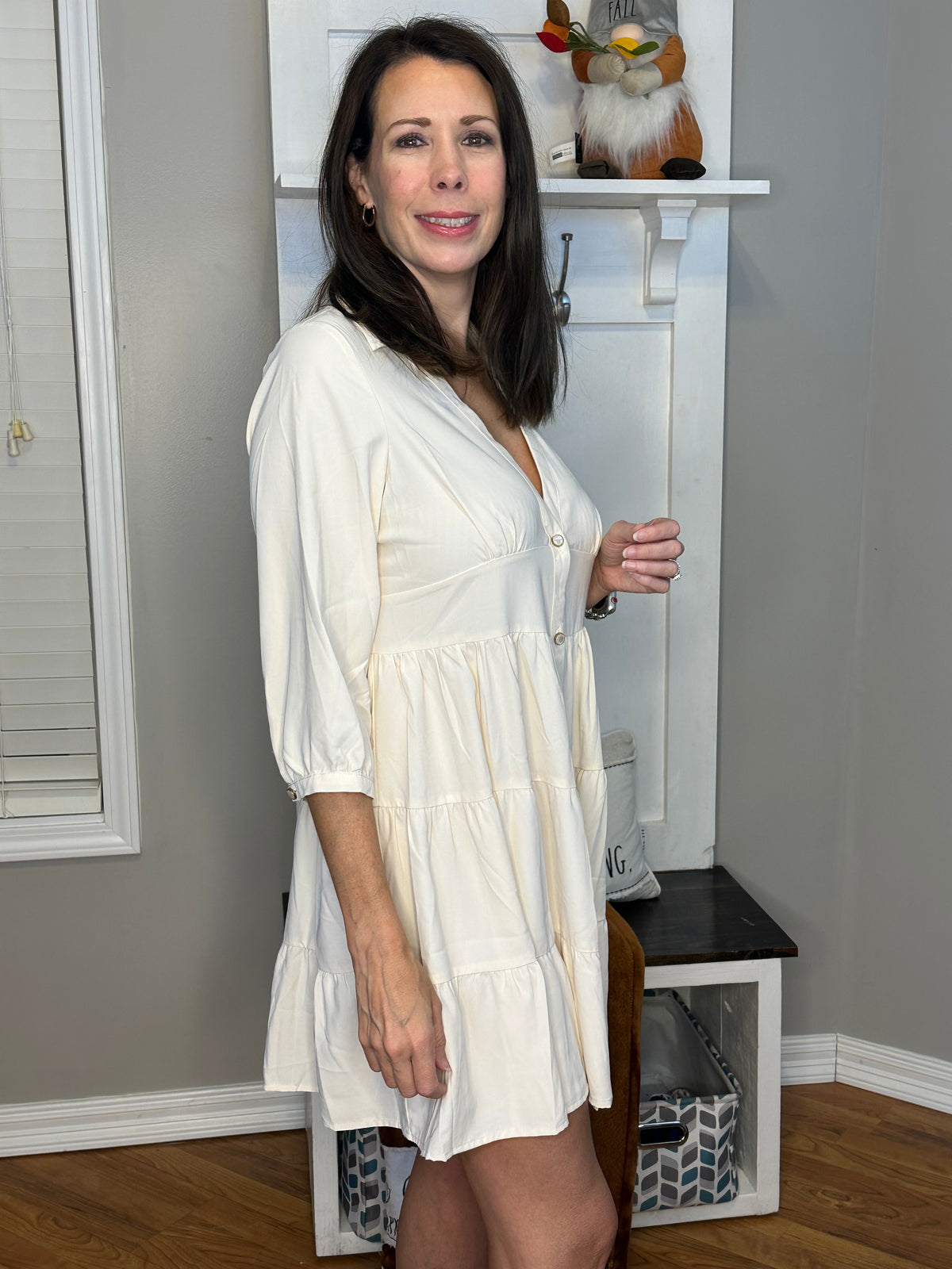 Cream Empire Waist Collared Button Up Tiered Dress