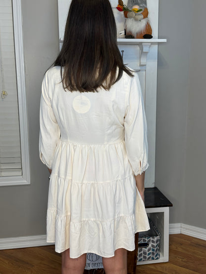 Cream Empire Waist Collared Button Up Tiered Dress