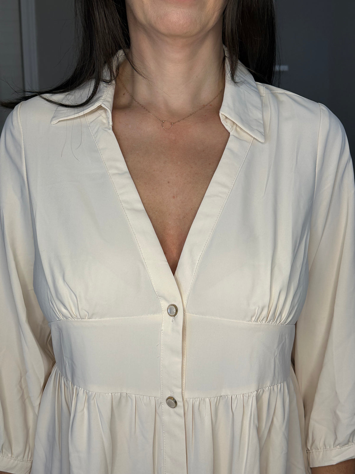 Cream Empire Waist Collared Button Up Tiered Dress