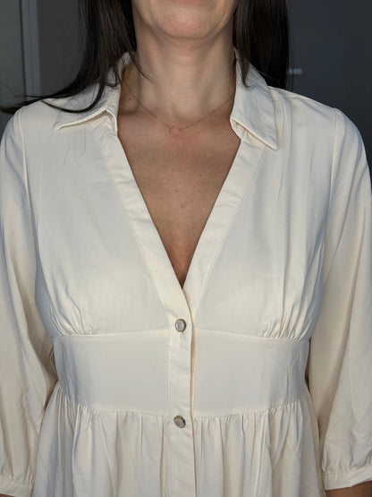 Cream Empire Waist Collared Button Up Tiered Dress