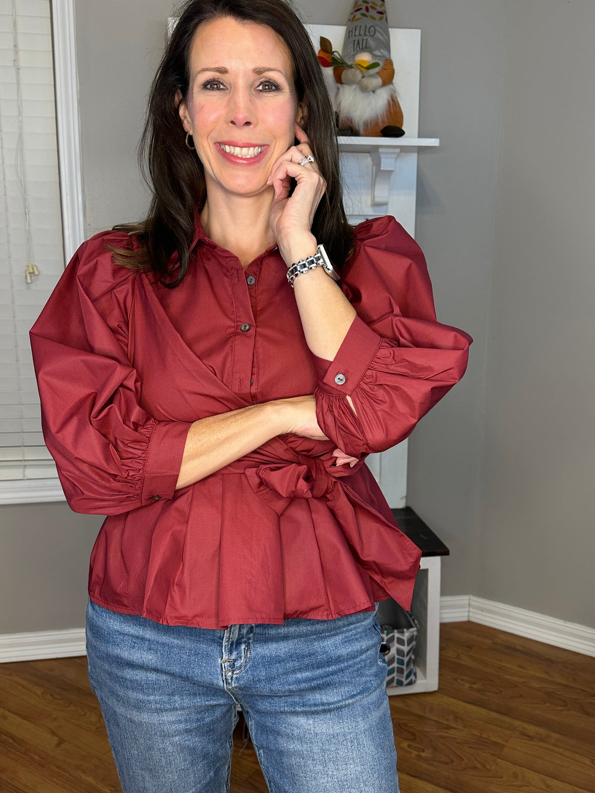 Puff Sleeve Tie-Front Collared Blouse