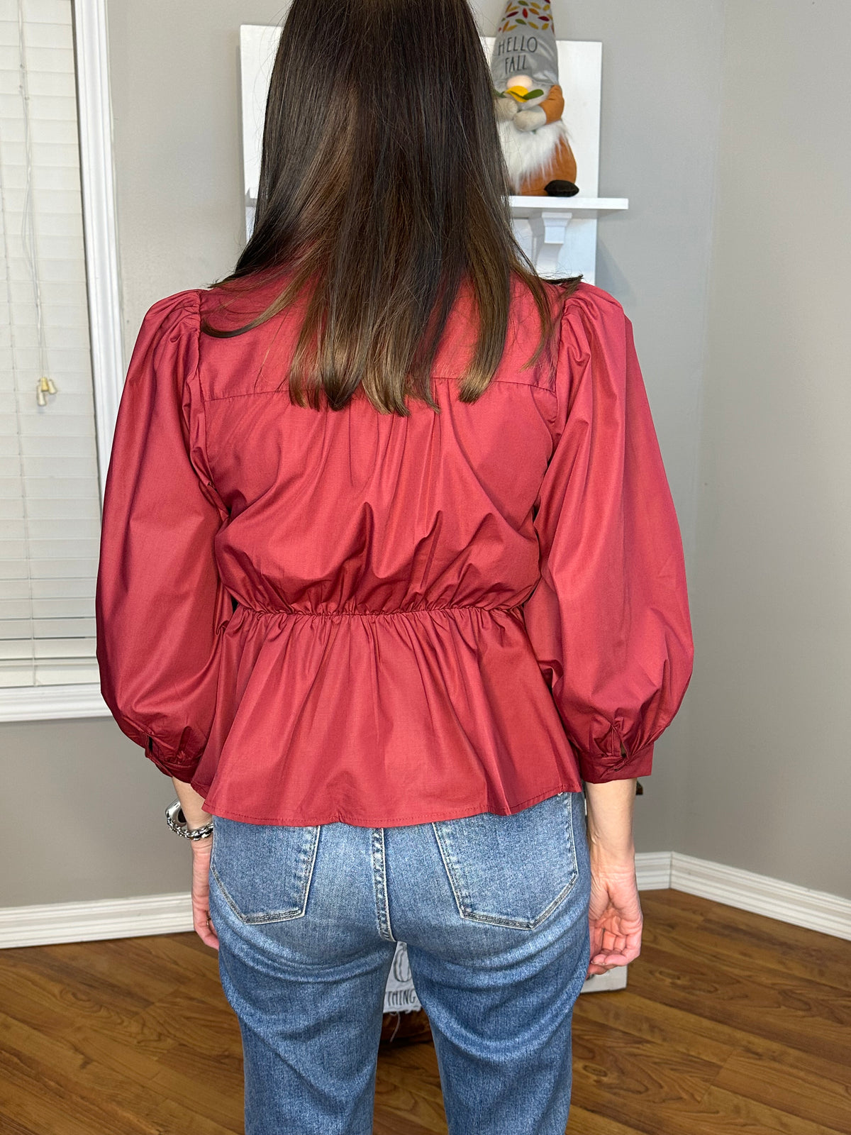 Puff Sleeve Tie-Front Collared Blouse