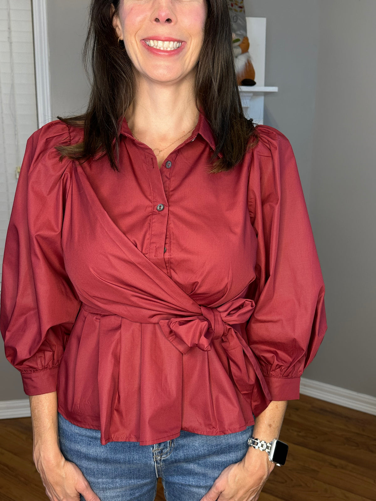 Puff Sleeve Tie-Front Collared Blouse
