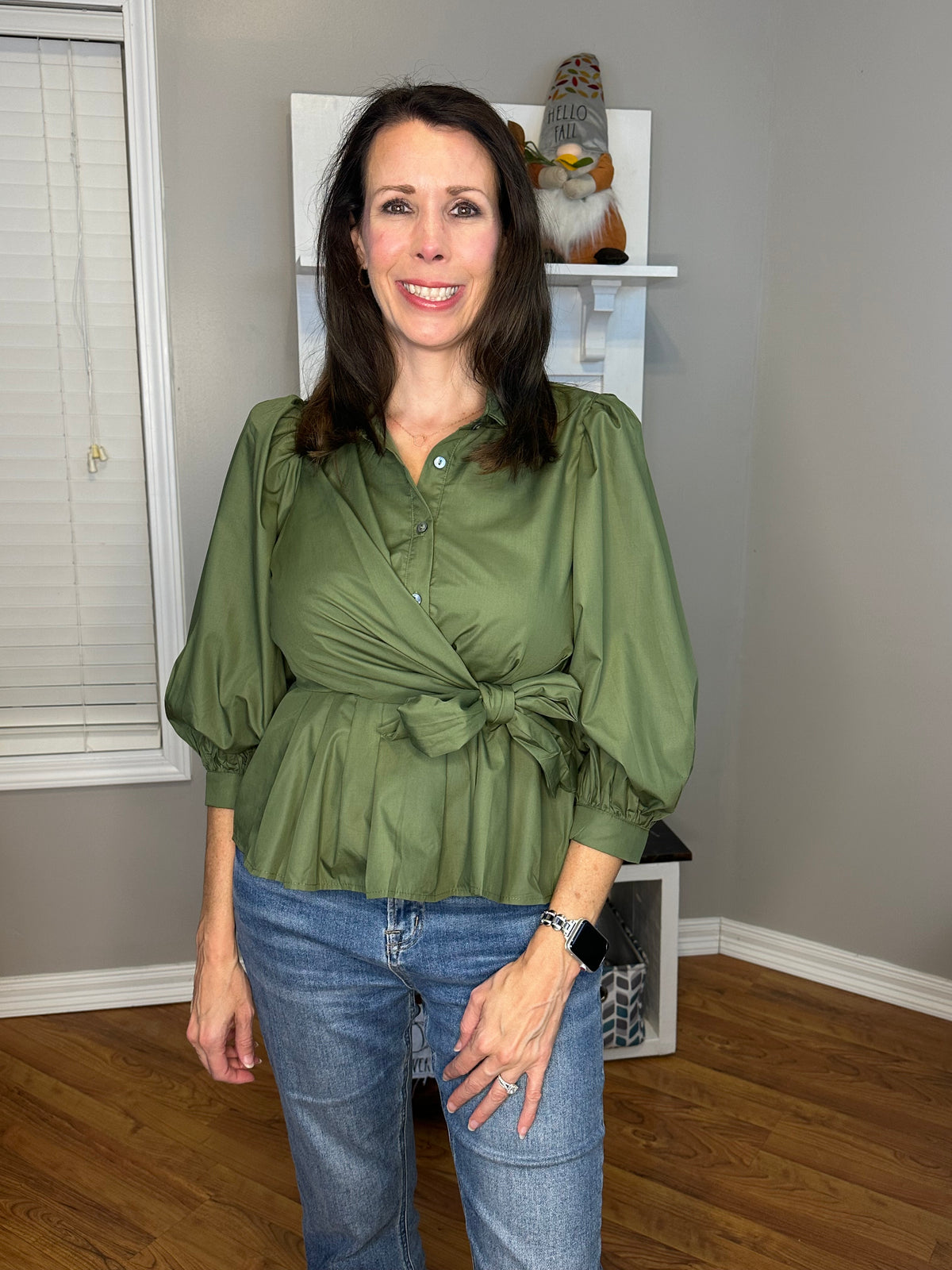 Puff Sleeve Tie-Front Collared Blouse
