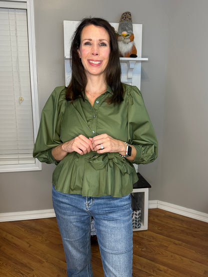 Puff Sleeve Tie-Front Collared Blouse