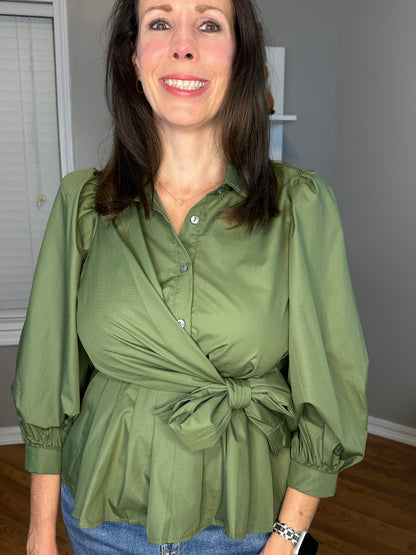 Puff Sleeve Tie-Front Collared Blouse