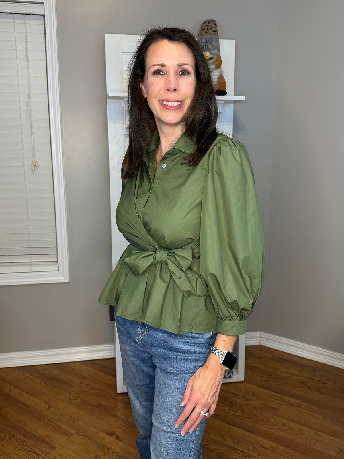 Puff Sleeve Tie-Front Collared Blouse
