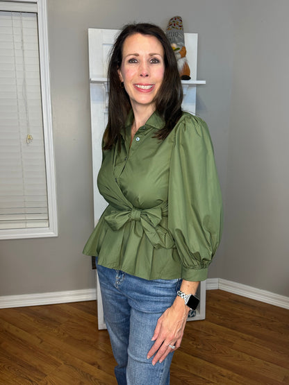 Puff Sleeve Tie-Front Collared Blouse