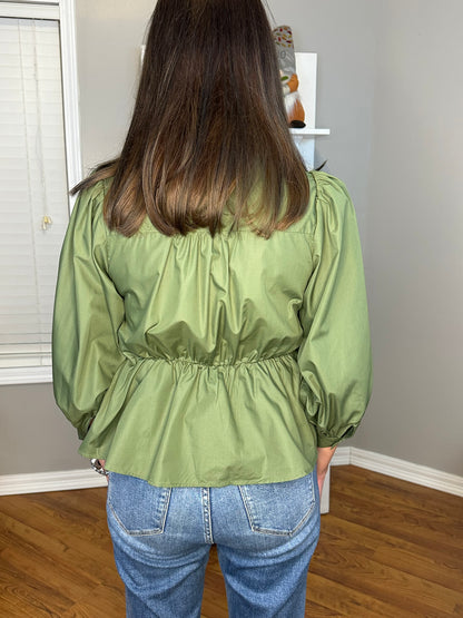 Puff Sleeve Tie-Front Collared Blouse