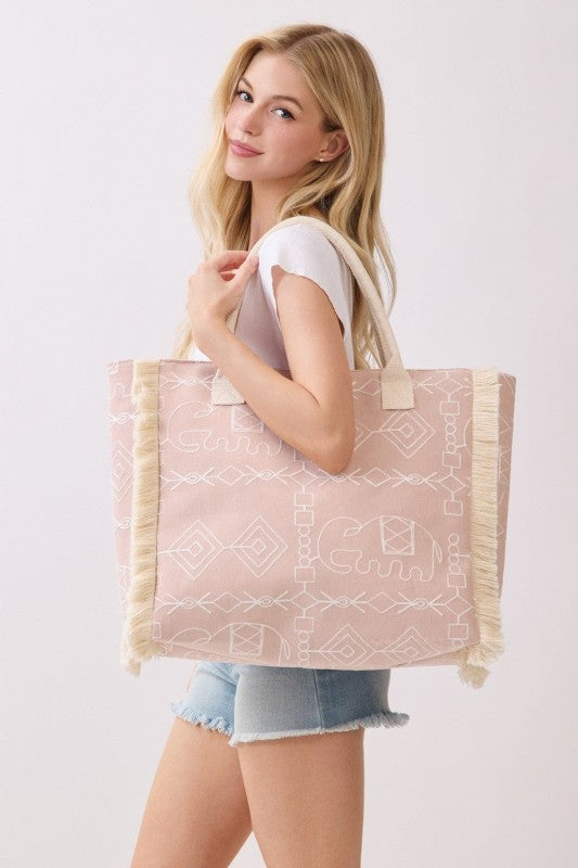 Boho Geometric Elephant Print Fringe Beach Tote Bag