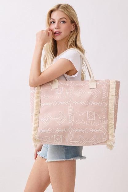 Boho Geometric Elephant Print Fringe Beach Tote Bag
