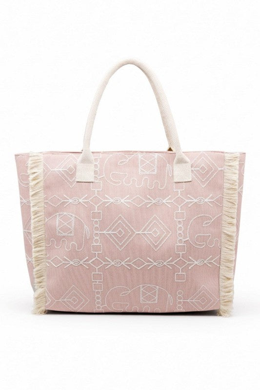 Boho Geometric Elephant Print Fringe Beach Tote Bag