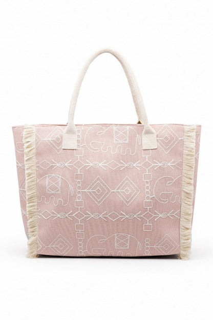 Boho Geometric Elephant Print Fringe Beach Tote Bag